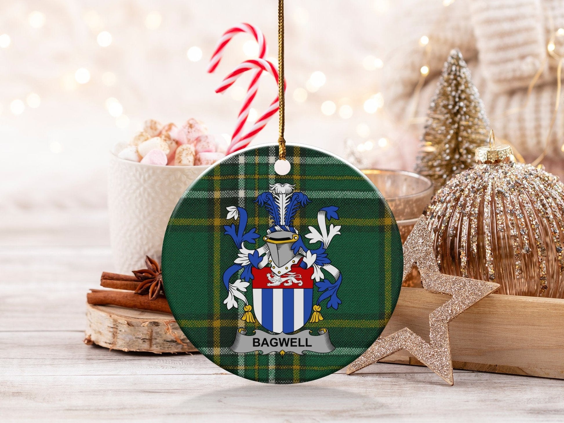 Physical Item White / 3" Bagwell Irish Surname Coat of Arms Christmas Ornaments