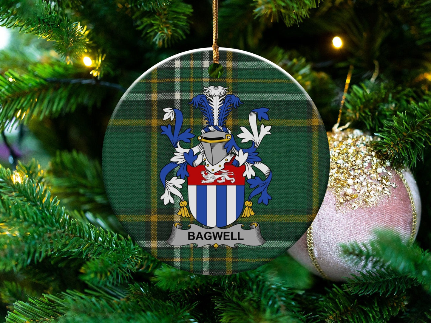 Physical Item White / 3" Bagwell Irish Surname Coat of Arms Christmas Ornaments