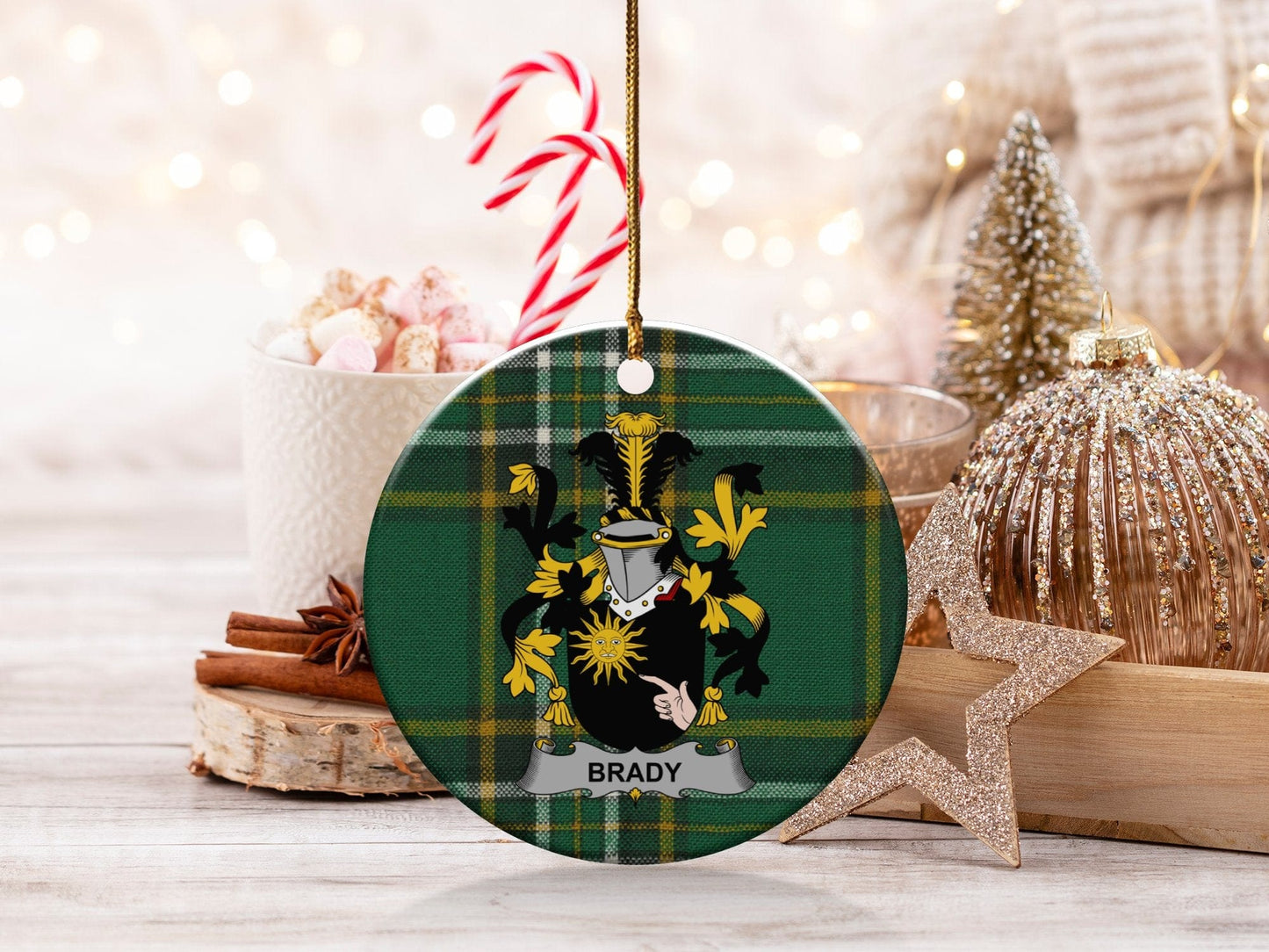 Physical Item White / 3" Brady Irish Coat of Arms on Irish Tartan Christmas Ornaments