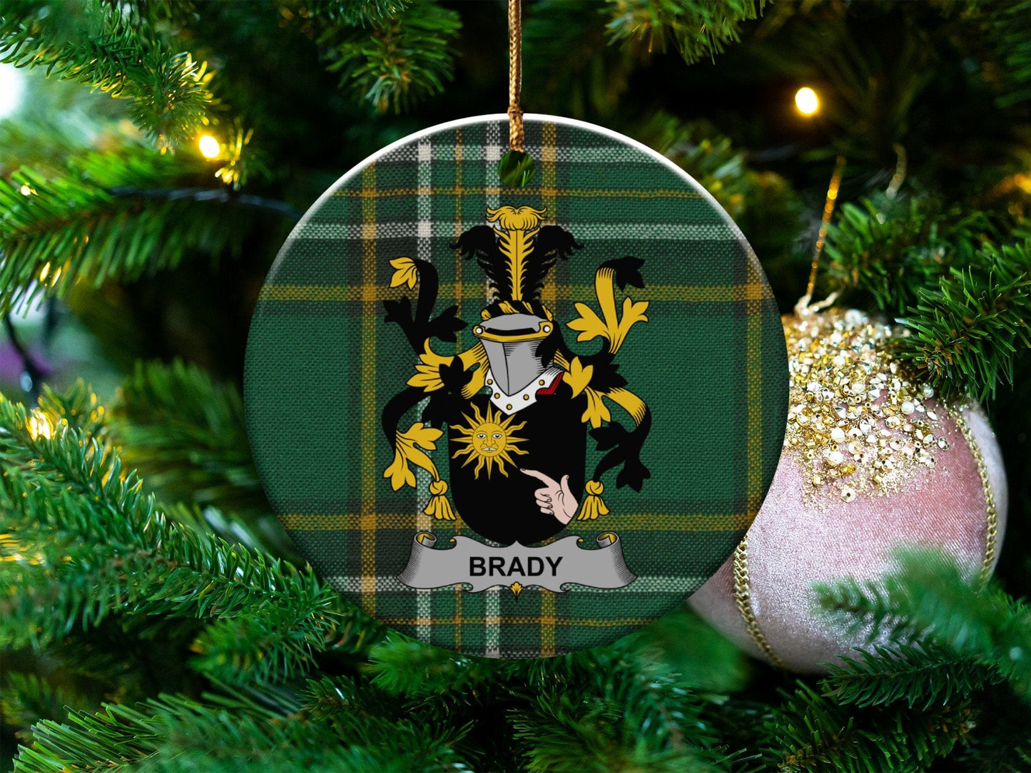 Physical Item White / 3" Brady Irish Coat of Arms on Irish Tartan Christmas Ornaments