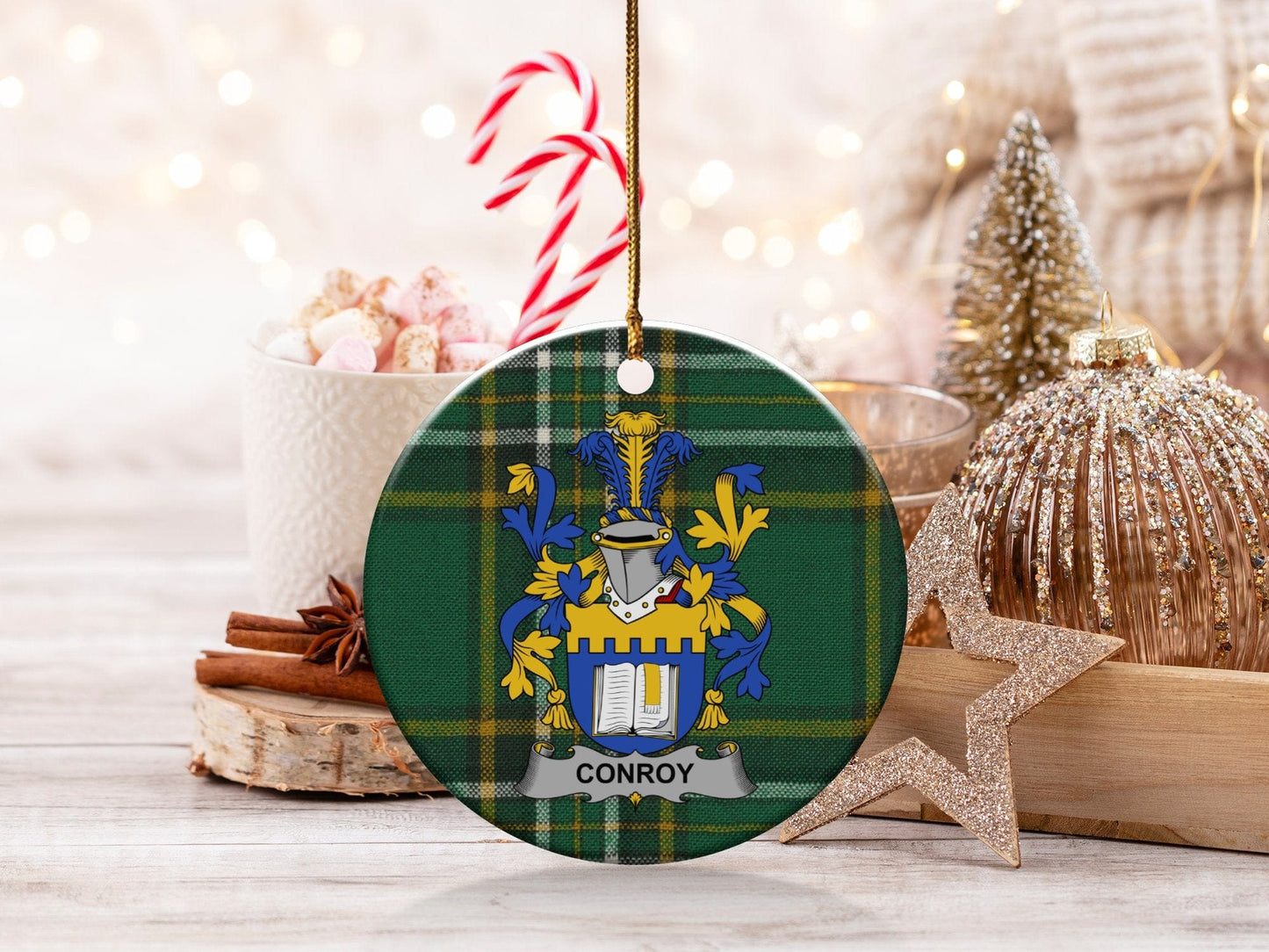 Physical Item White / 3" Conroy Irish Surname Coat of Arms Ceramic Christmas Ornament, One Side Print