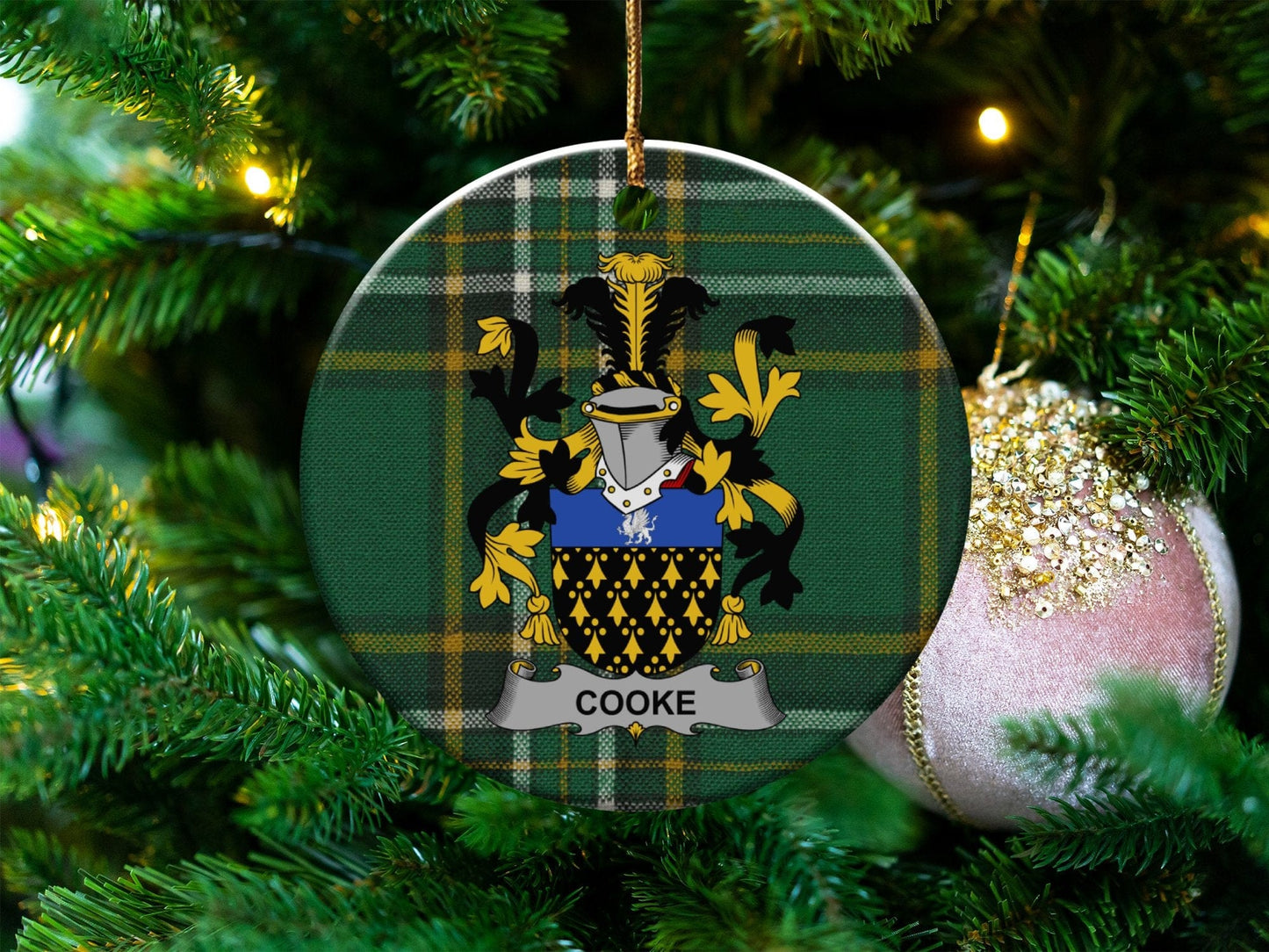 Physical Item White / 3" Cooke coat of arms ceramic ornament, Irish surname Christmas decoration