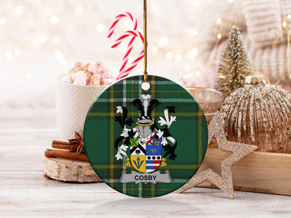 Physical Item White / 3" Cosby Coat of Arms Christmas Ornament, Irish Surname Ceramic Holiday Decor