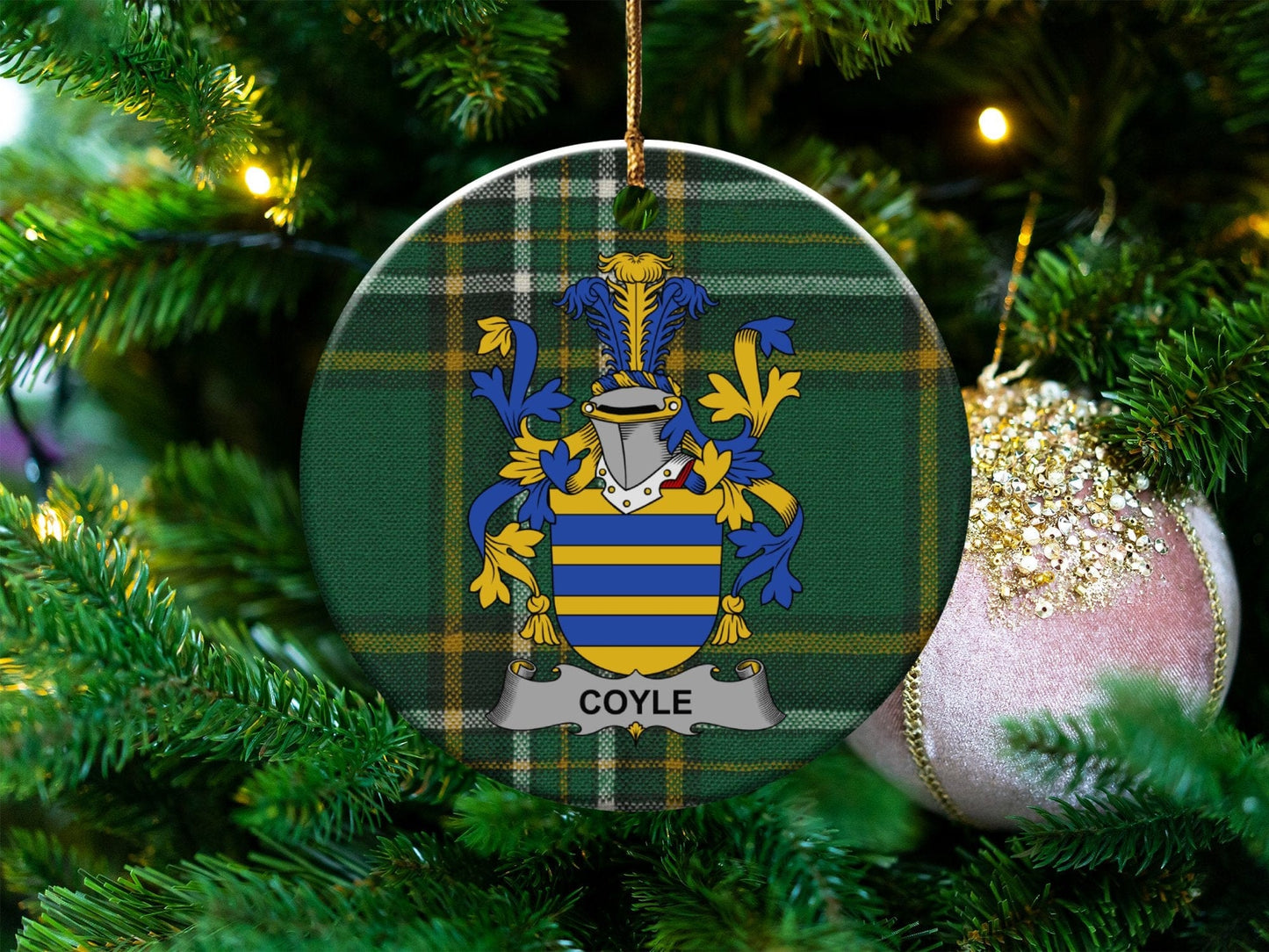 Physical Item White / 3" Coyle Irish Surname Coat of Arms Ceramic Christmas Ornament