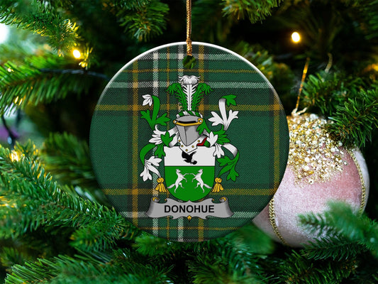 Physical Item White / 3" Donohue Irish Surname Coat of Arms Ceramic Christmas Ornament