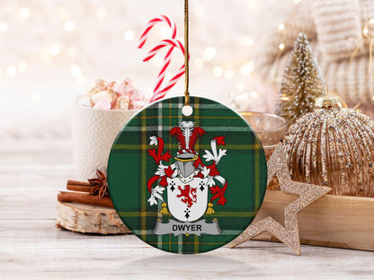 Physical Item White / 3" Dwyer Coat of Arms Ceramic Christmas Ornament, Irish Surname Family Crest Decor