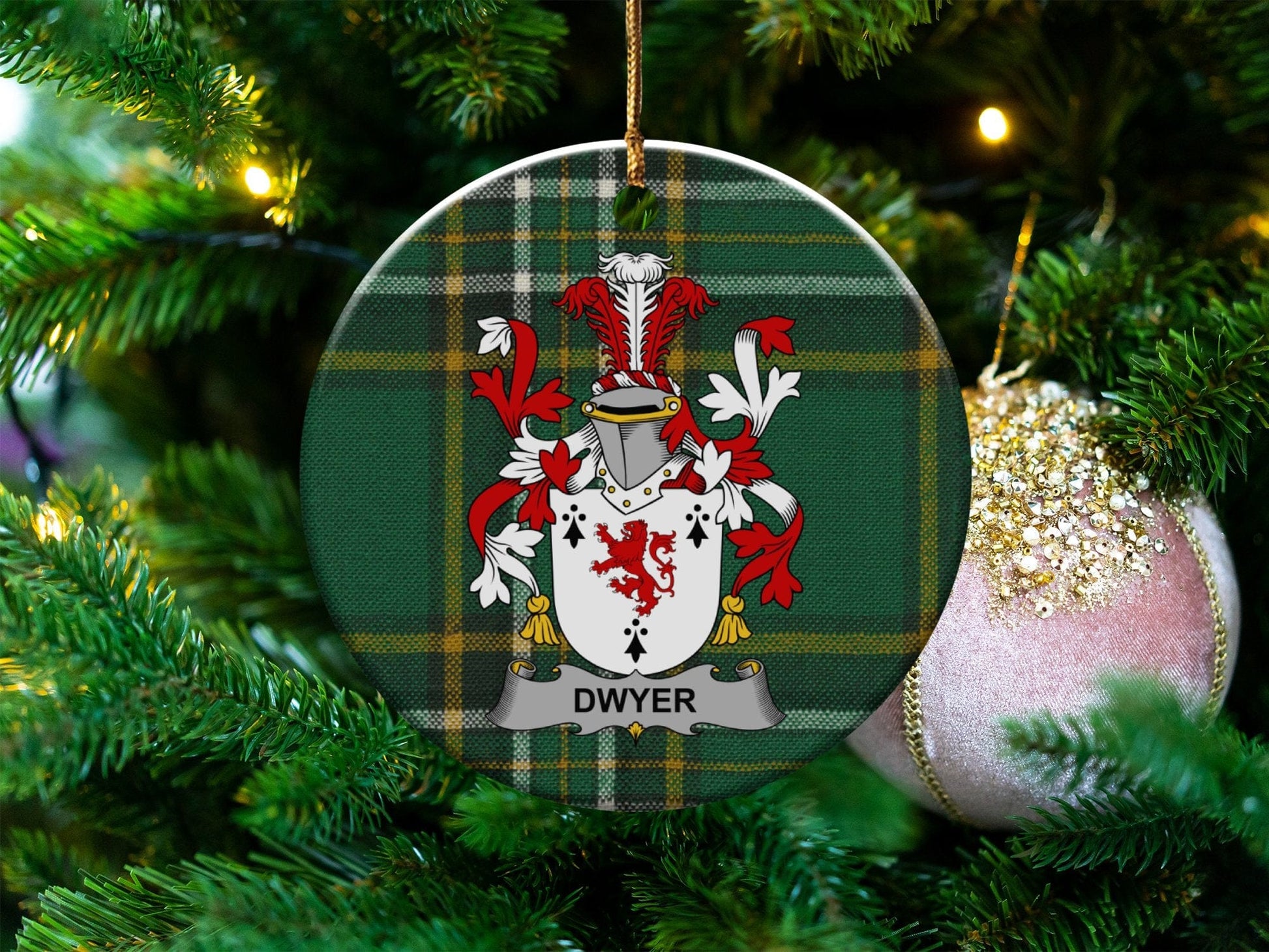 Physical Item White / 3" Dwyer Coat of Arms Ceramic Christmas Ornament, Irish Surname Family Crest Decor