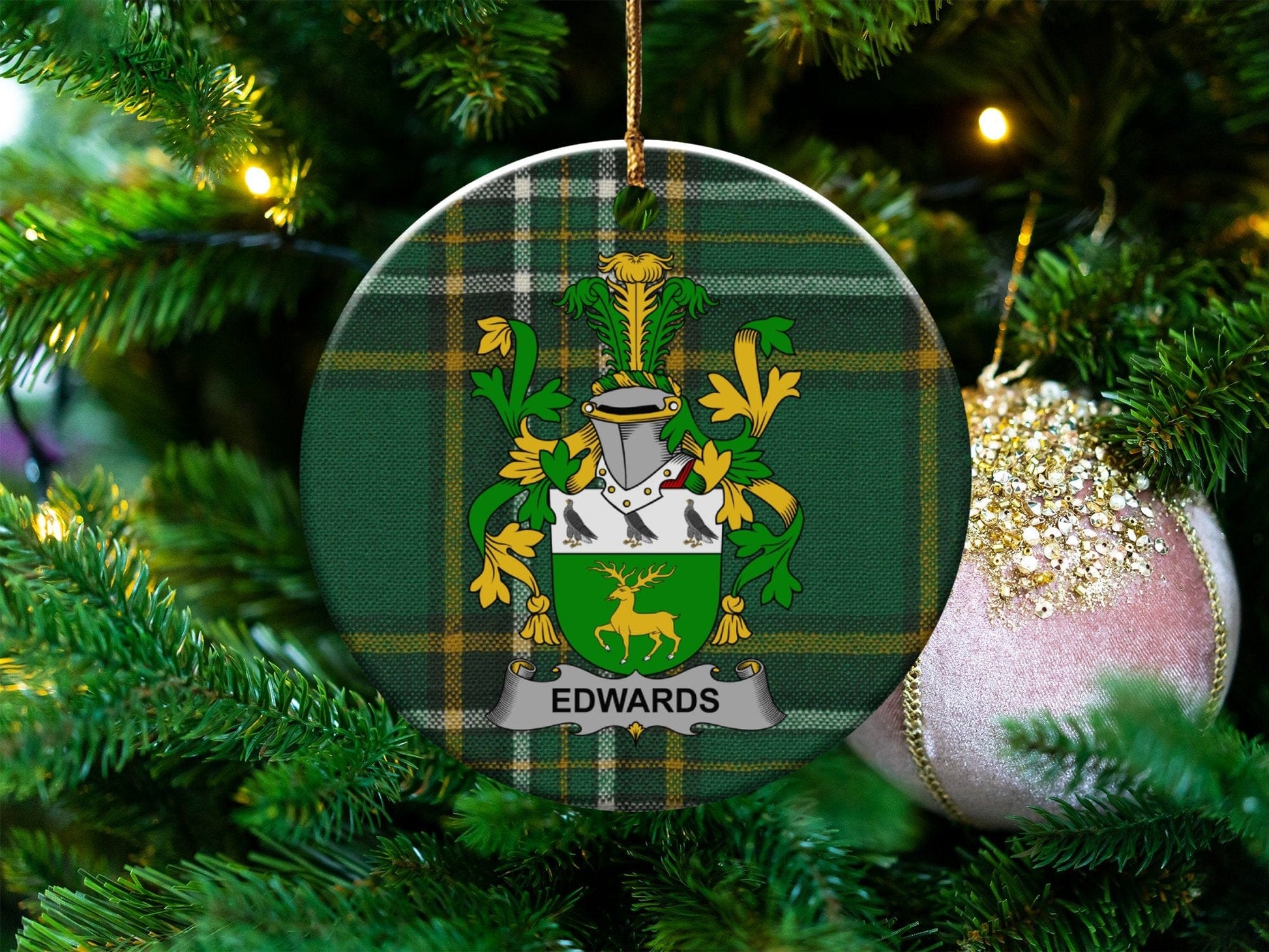 Physical Item White / 3" Edwards Irish Surname Coat of Arms, Ceramic Christmas Ornament, One Side Print