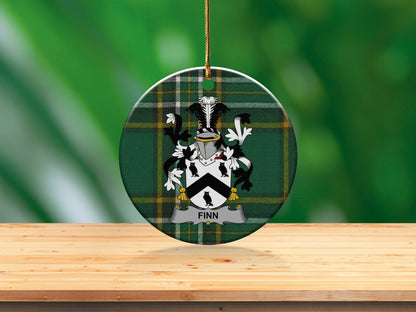 Physical Item White / 3" Finn Irish Surname Coat of Arms Ceramic Christmas Ornament, One Side Print