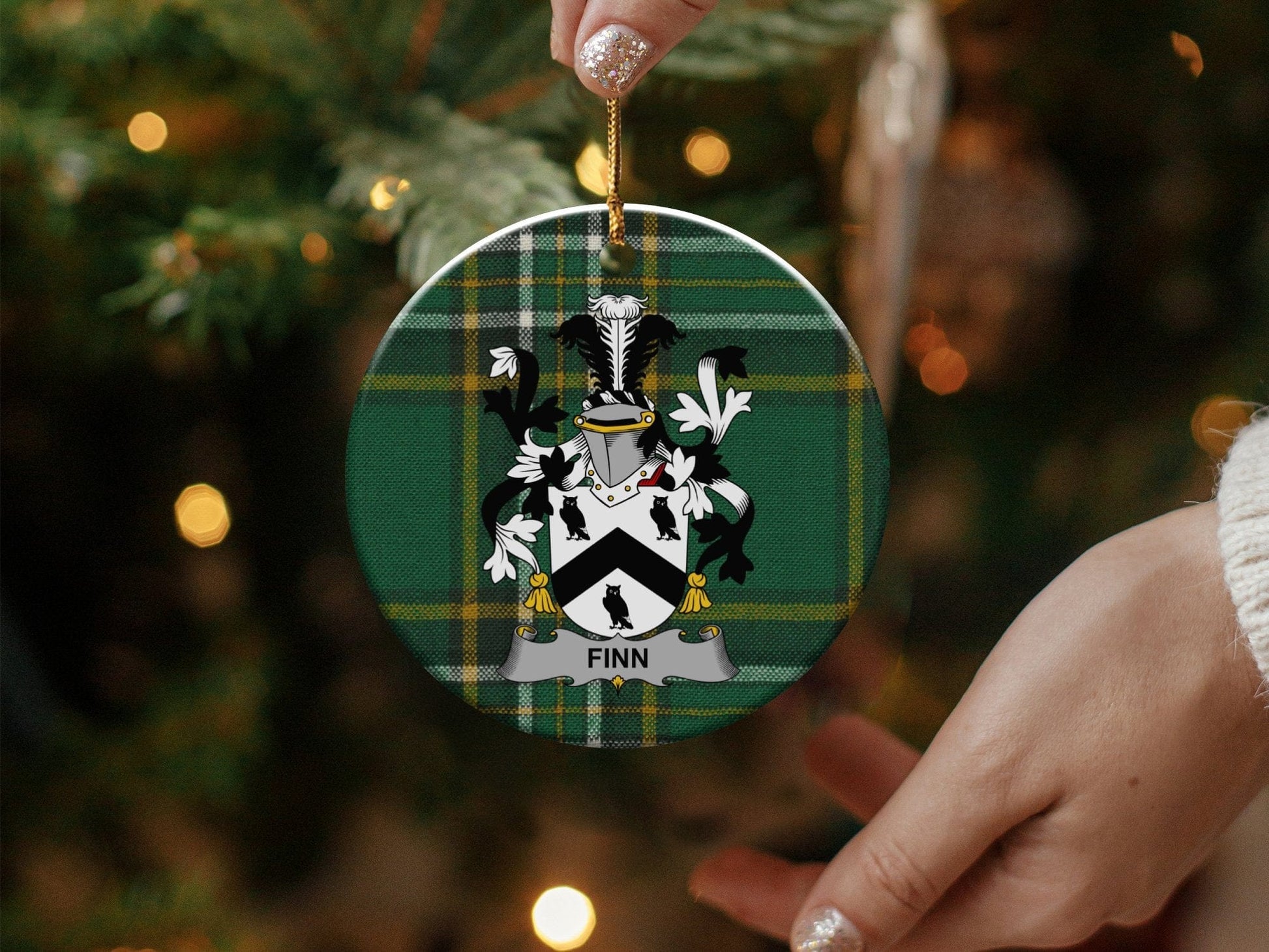 Physical Item White / 3" Finn Irish Surname Coat of Arms Ceramic Christmas Ornament, One Side Print