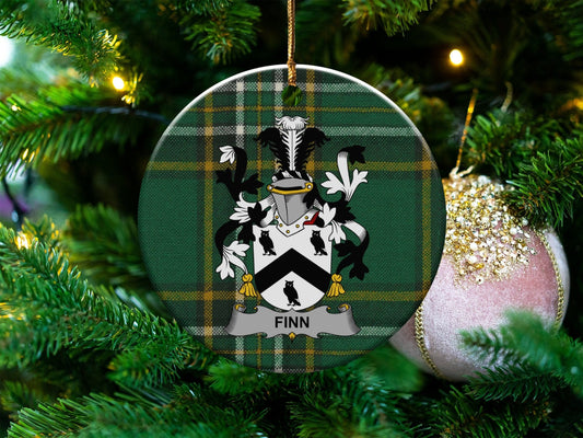 Physical Item White / 3" Finn Irish Surname Coat of Arms Ceramic Christmas Ornament, One Side Print