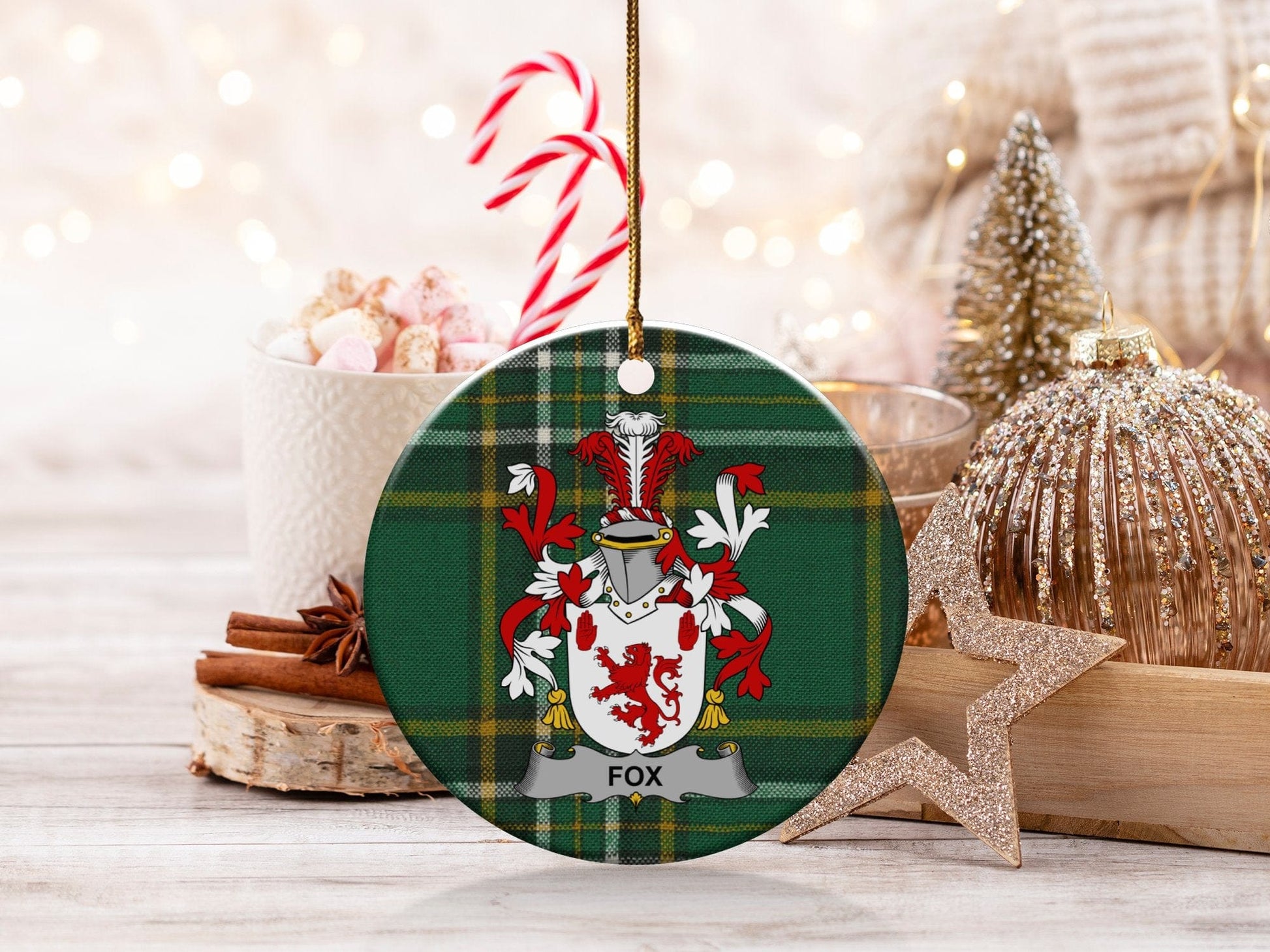 Physical Item White / 3" Fox Irish Surname Coat of Arms Ceramic Christmas Ornament, Family Crest Decor