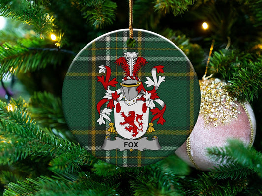 Physical Item White / 3" Fox Irish Surname Coat of Arms Ceramic Christmas Ornament, Family Crest Decor