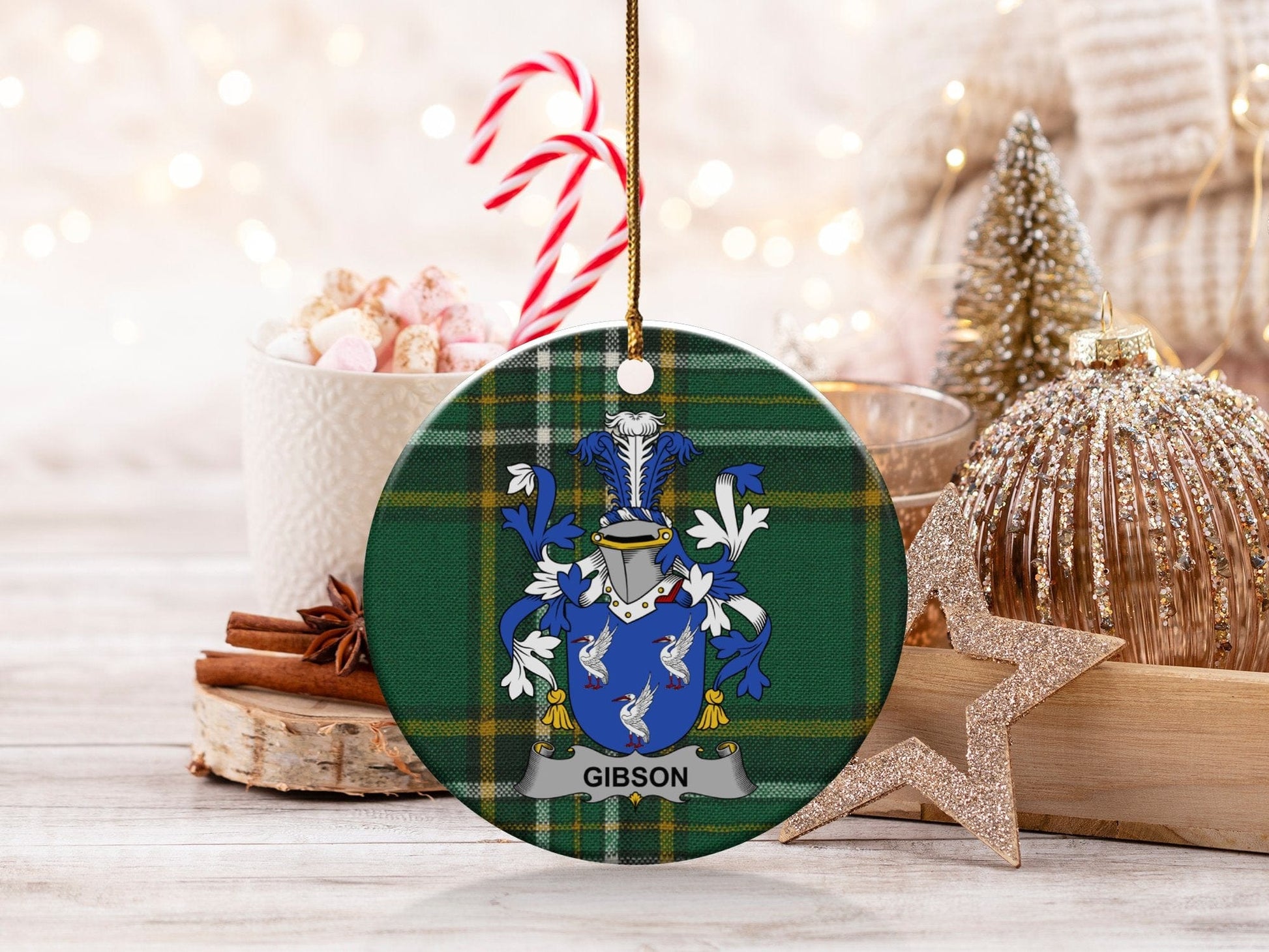 Physical Item White / 3" Gibson Irish Surname Coat of Arms, Ceramic Christmas Ornament, One Side Print