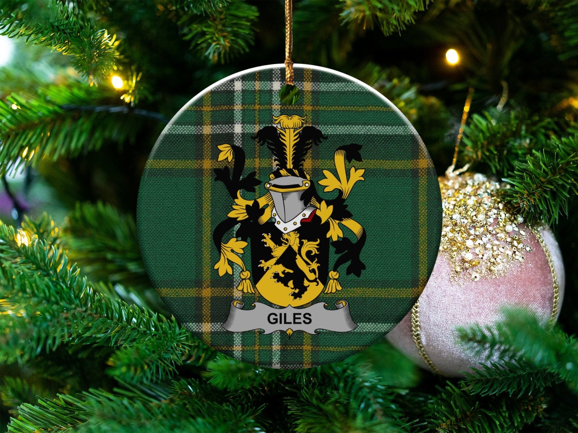 Physical Item White / 3" Giles Coat of Arms Ceramic Christmas Ornament, Irish Surname, One Side Print