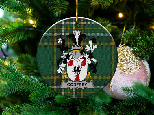 Physical Item White / 3" GODFREY Irish Surname Coat of Arms Ceramic Christmas Ornament, Unique Holiday Decor Gift