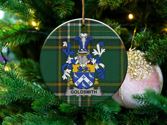 Physical Item White / 3" Goldsmith, Irish Surname Coat of Arms, Ceramic Christmas Ornament