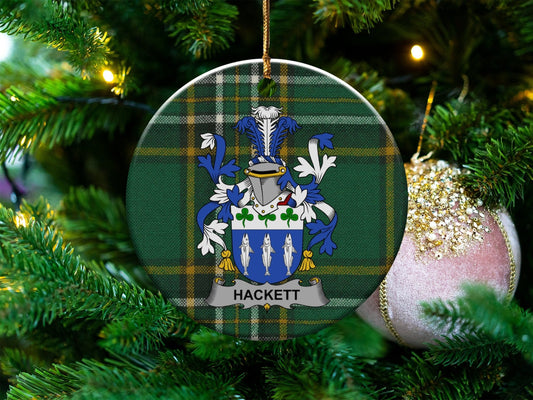 Physical Item White / 3" Hackett Irish Surname Coat of Arms Ceramic Christmas Ornament