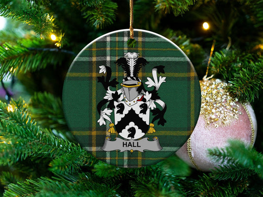 Physical Item White / 3" Hall Irish Surname Coat of Arms Ceramic Christmas Ornament, One Side Print