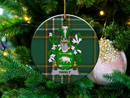 Physical Item White / 3" Hanly Irish Surname Coat of Arms Ceramic Christmas Ornament, One Side Print