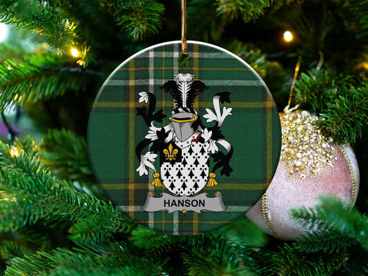 Physical Item White / 3" HANSON Irish Surname Coat of Arms Ceramic Christmas Ornament, One Side Print