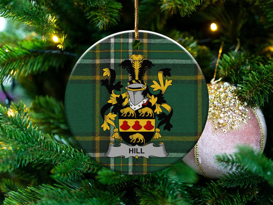 Physical Item White / 3" Hill Irish Surname Coat of Arms Ceramic Christmas Ornament, One Side Print