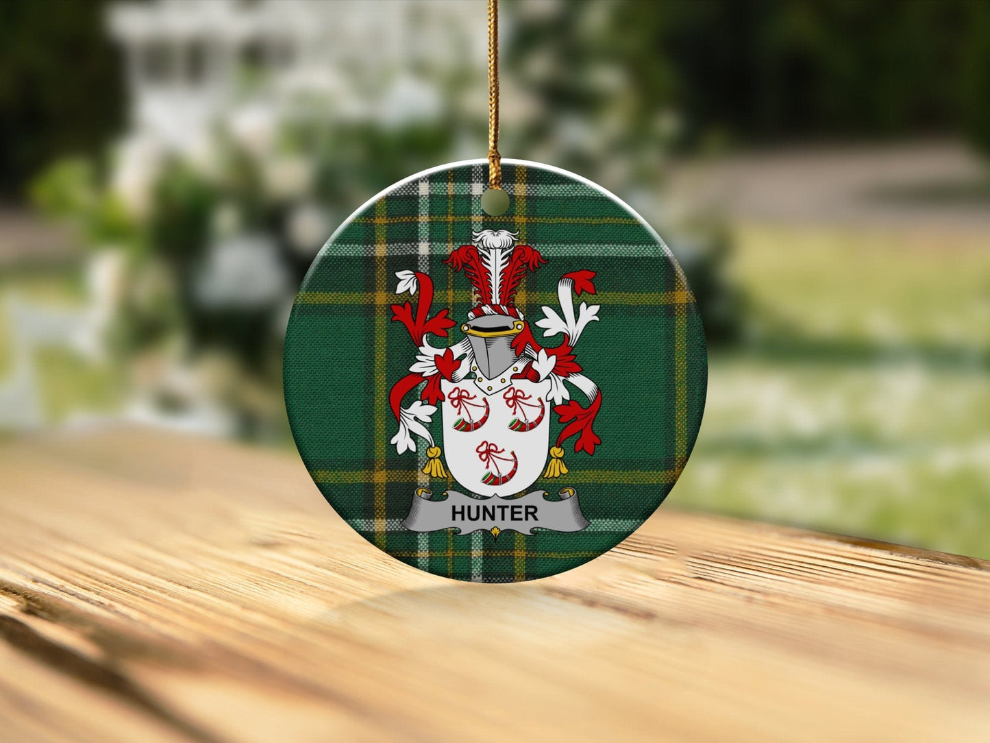 Physical Item White / 3" Hunter Irish Surname Coat of Arms Ceramic Christmas Ornament, Family Crest Gift