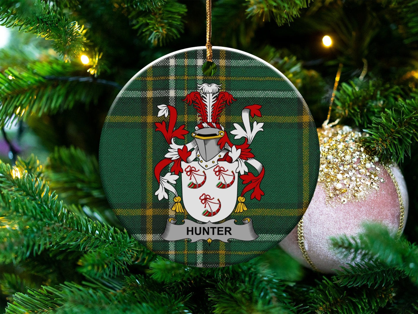 Physical Item White / 3" Hunter Irish Surname Coat of Arms Ceramic Christmas Ornament, Family Crest Gift