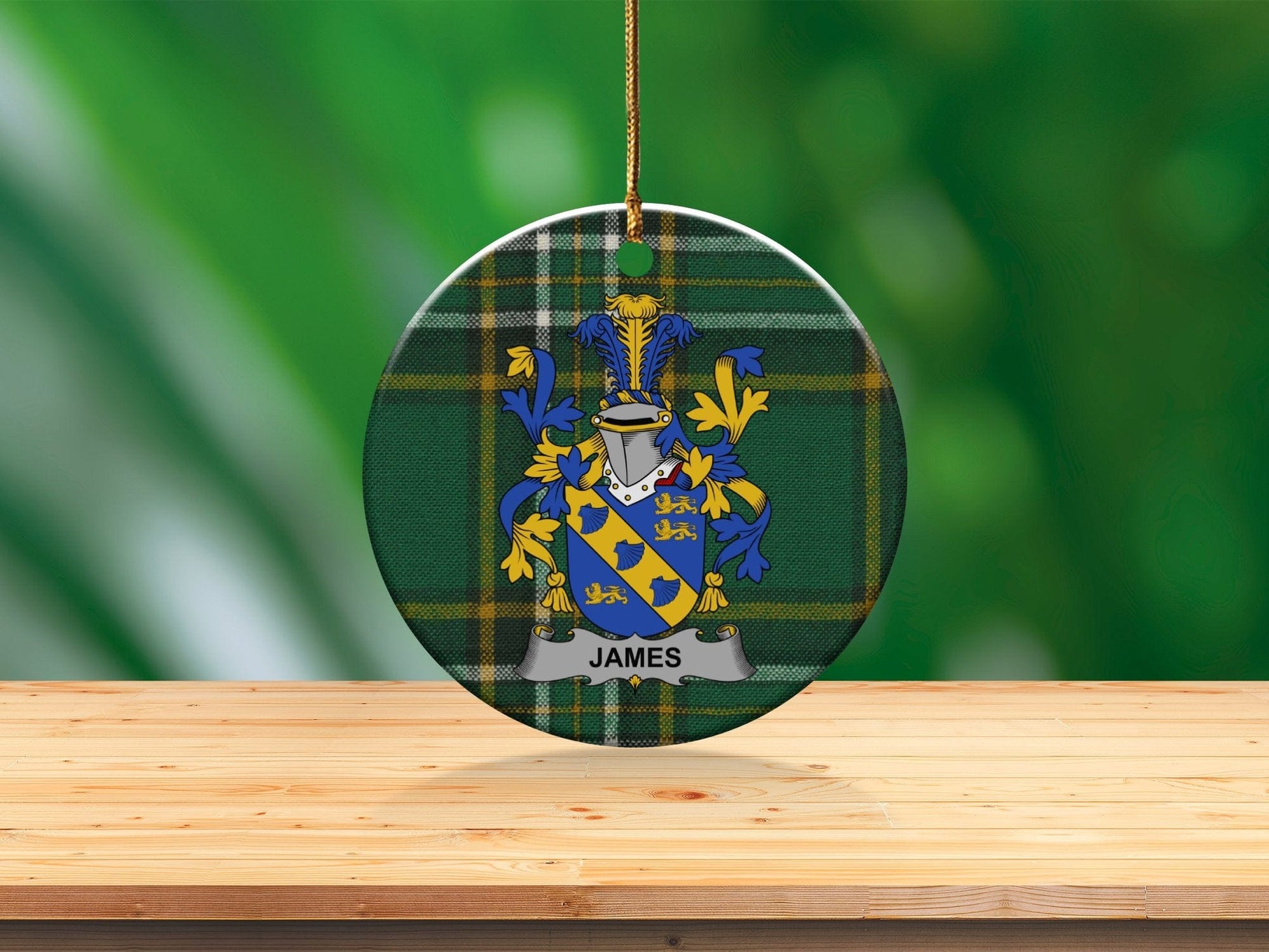 Physical Item White / 3" James Irish Surname Coat of Arms Ceramic Christmas Ornament, One Side Print