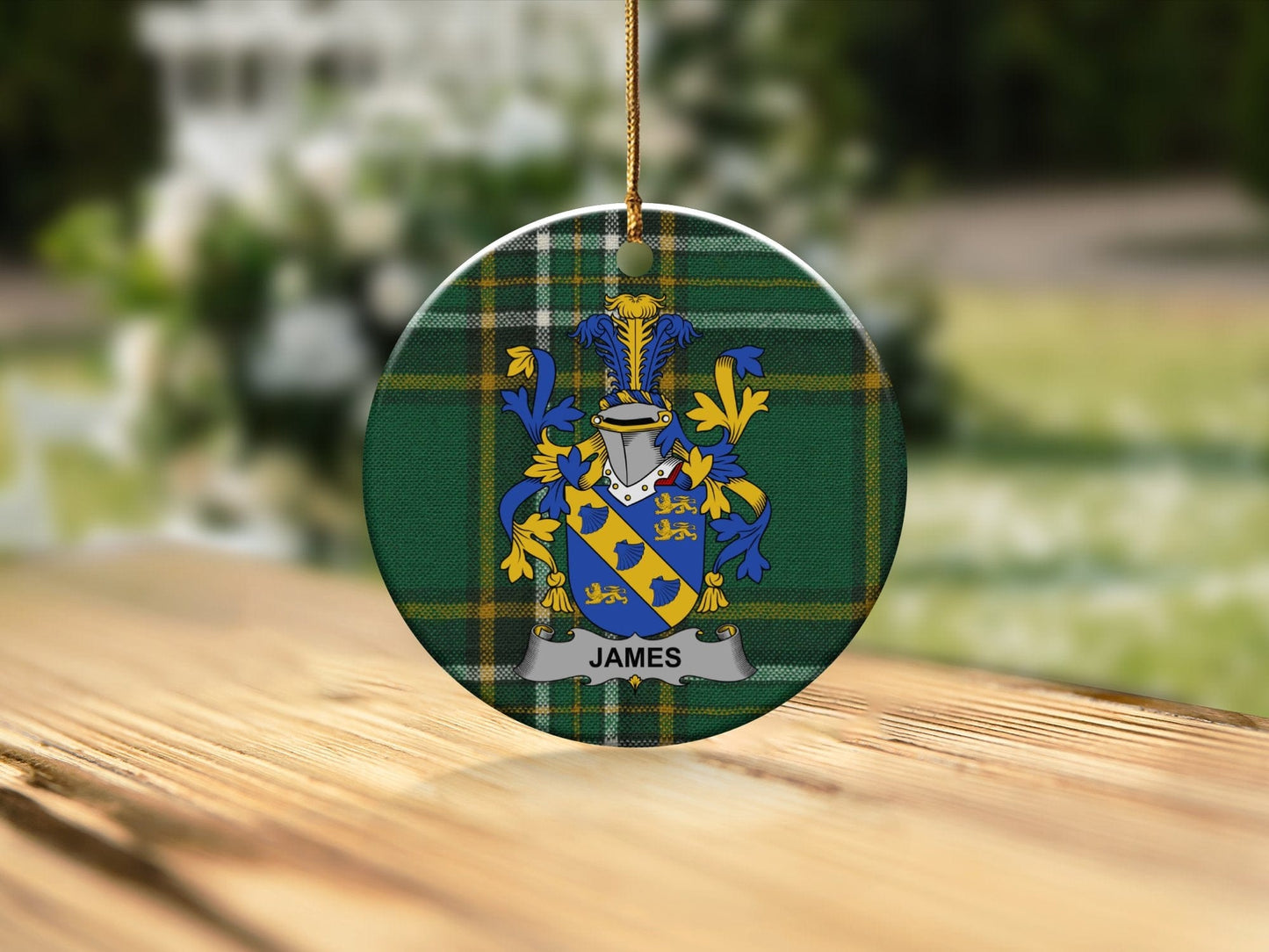 Physical Item White / 3" James Irish Surname Coat of Arms Ceramic Christmas Ornament, One Side Print