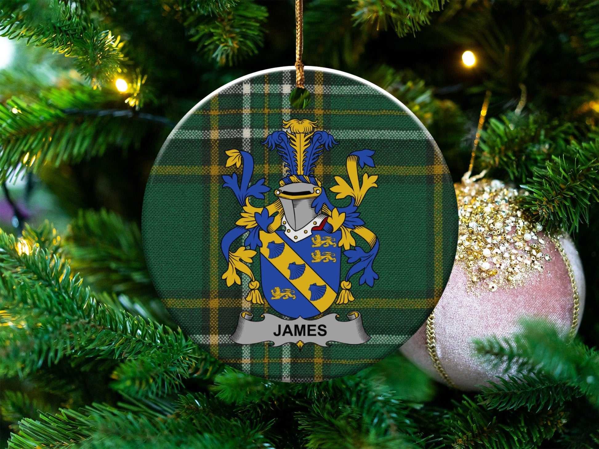 Physical Item White / 3" James Irish Surname Coat of Arms Ceramic Christmas Ornament, One Side Print