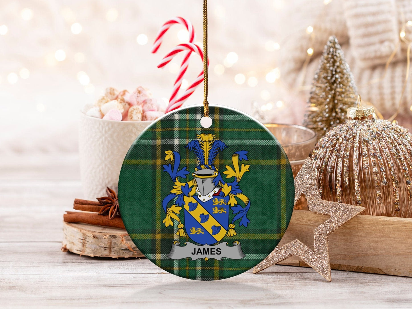 Physical Item White / 3" James Irish Surname Coat of Arms Ceramic Christmas Ornament, One Side Print