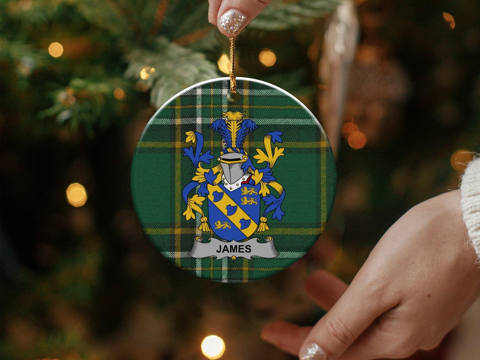 Physical Item White / 3" James Irish Surname Coat of Arms Ceramic Christmas Ornament, One Side Print