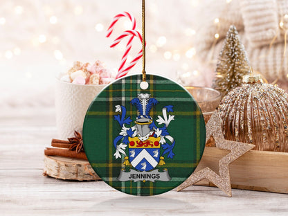 Physical Item White / 3" Jennings Coat of Arms Ceramic Christmas Ornament, Irish Surname One Side Print