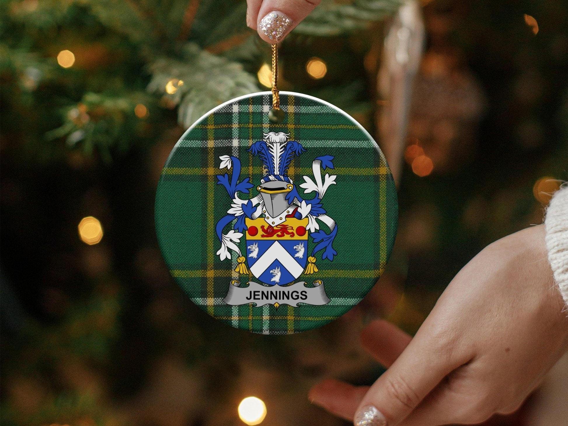 Physical Item White / 3" Jennings Coat of Arms Ceramic Christmas Ornament, Irish Surname One Side Print