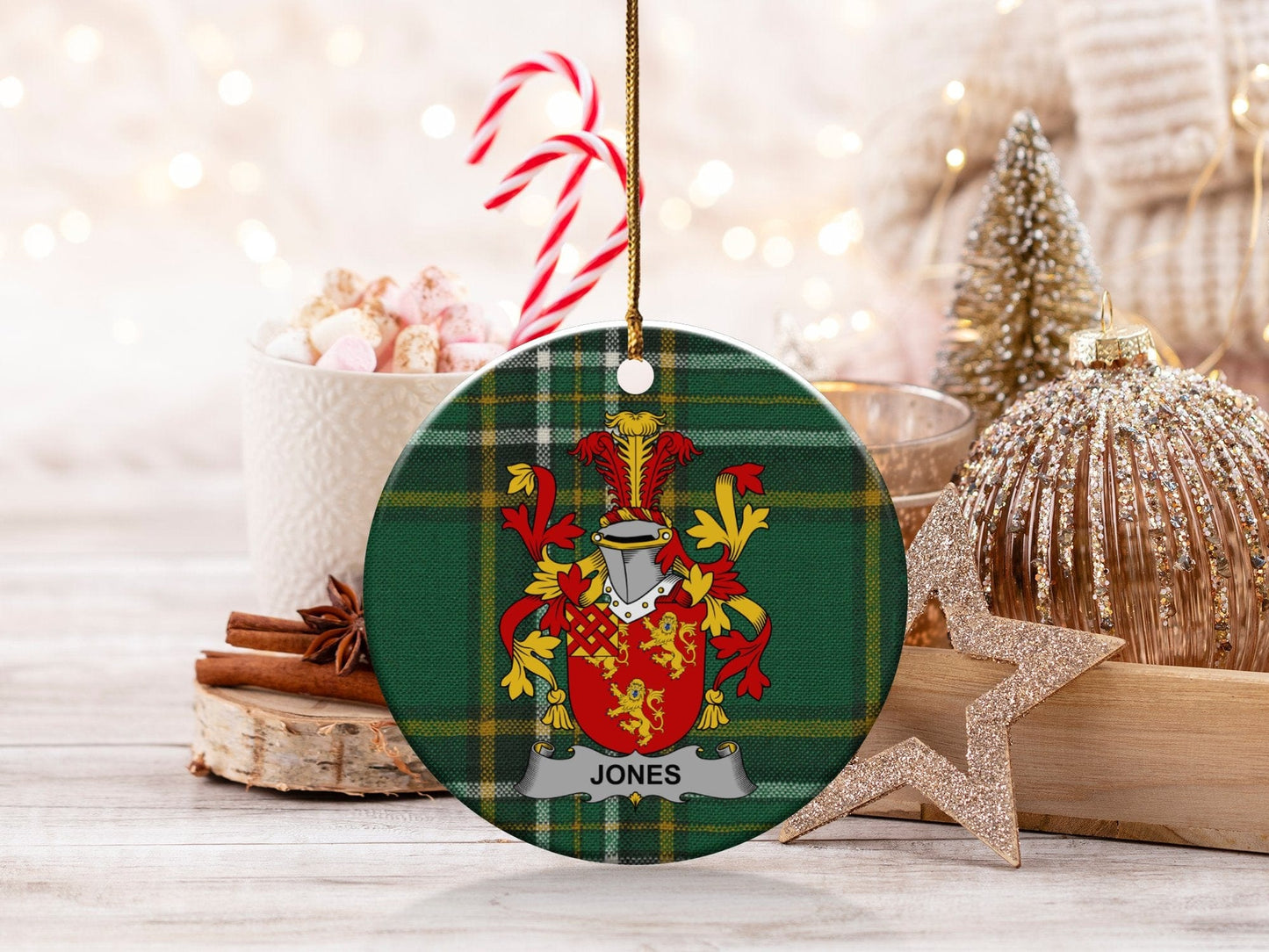 Physical Item White / 3" Jones Coat of Arms Christmas Ornament, Irish Surname Family Crest, One Side Print