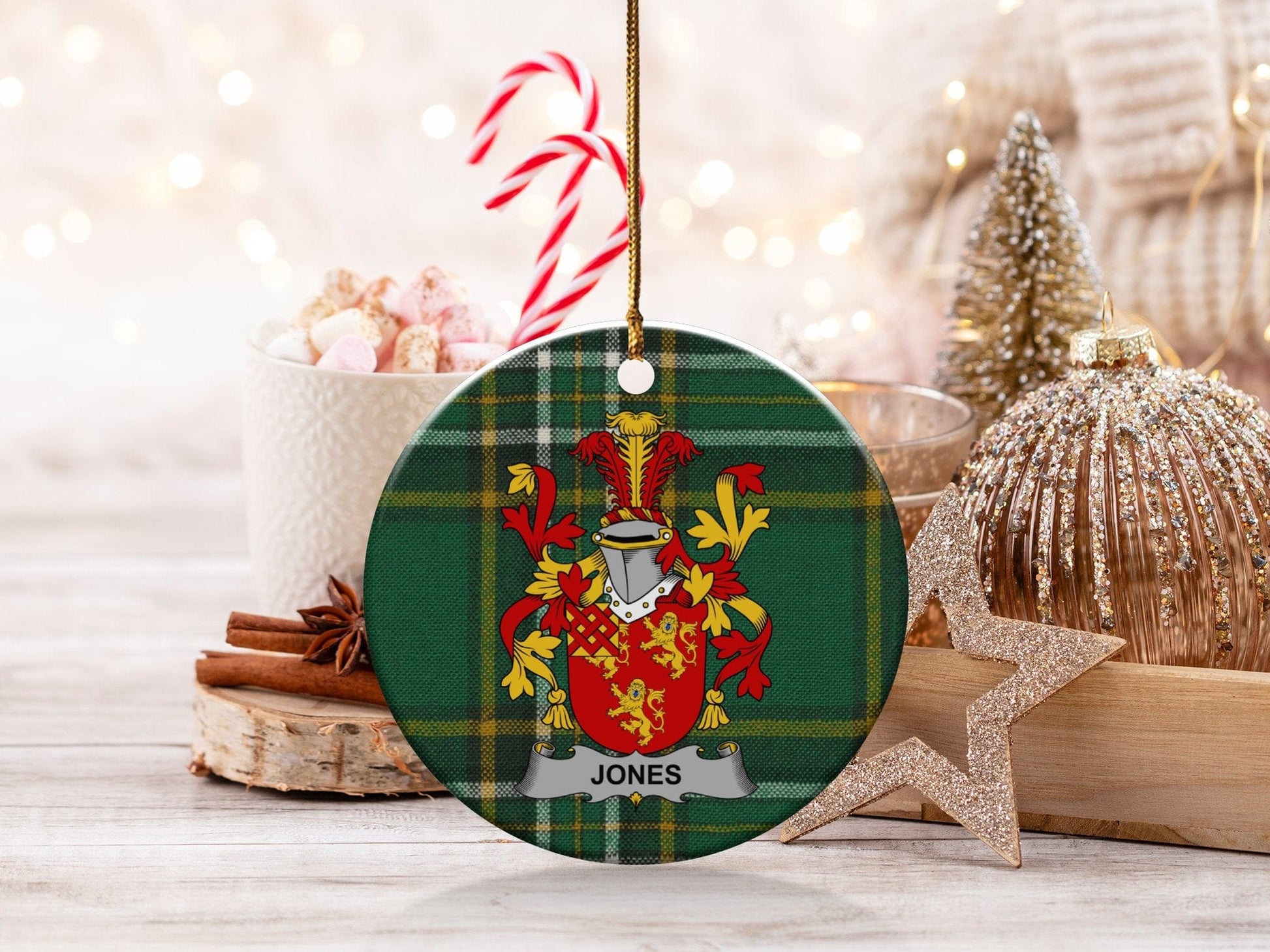 Physical Item White / 3" Jones Coat of Arms Christmas Ornament, Irish Surname Family Crest, One Side Print