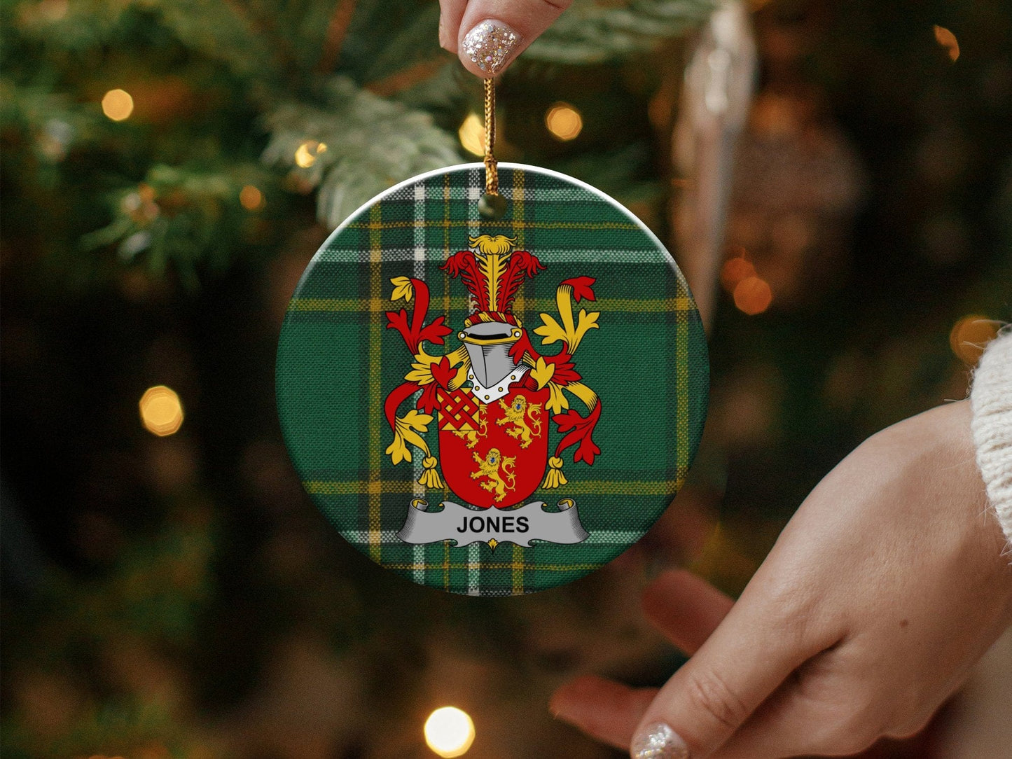 Physical Item White / 3" Jones Coat of Arms Christmas Ornament, Irish Surname Family Crest, One Side Print