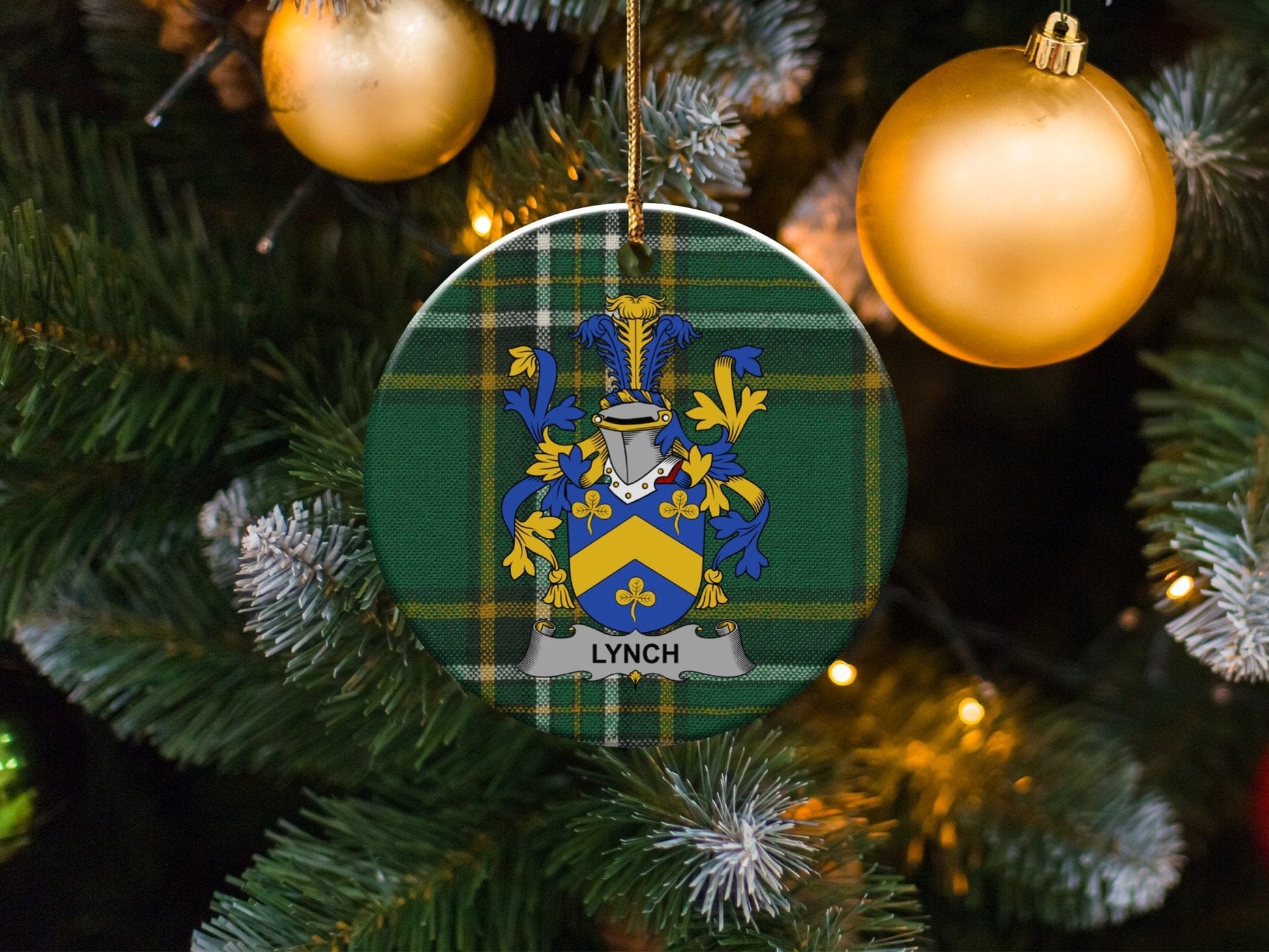 Physical Item White / 3" Lynch Family Crest Irish Tartan Christmas Ornaments