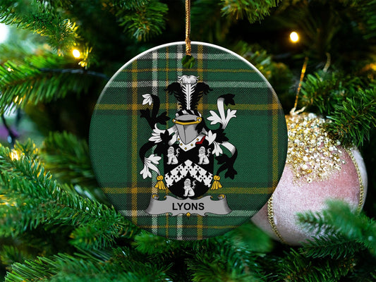 Physical Item White / 3" Lyons Irish Coat of Arms on National Tartan Christmas Ornaments