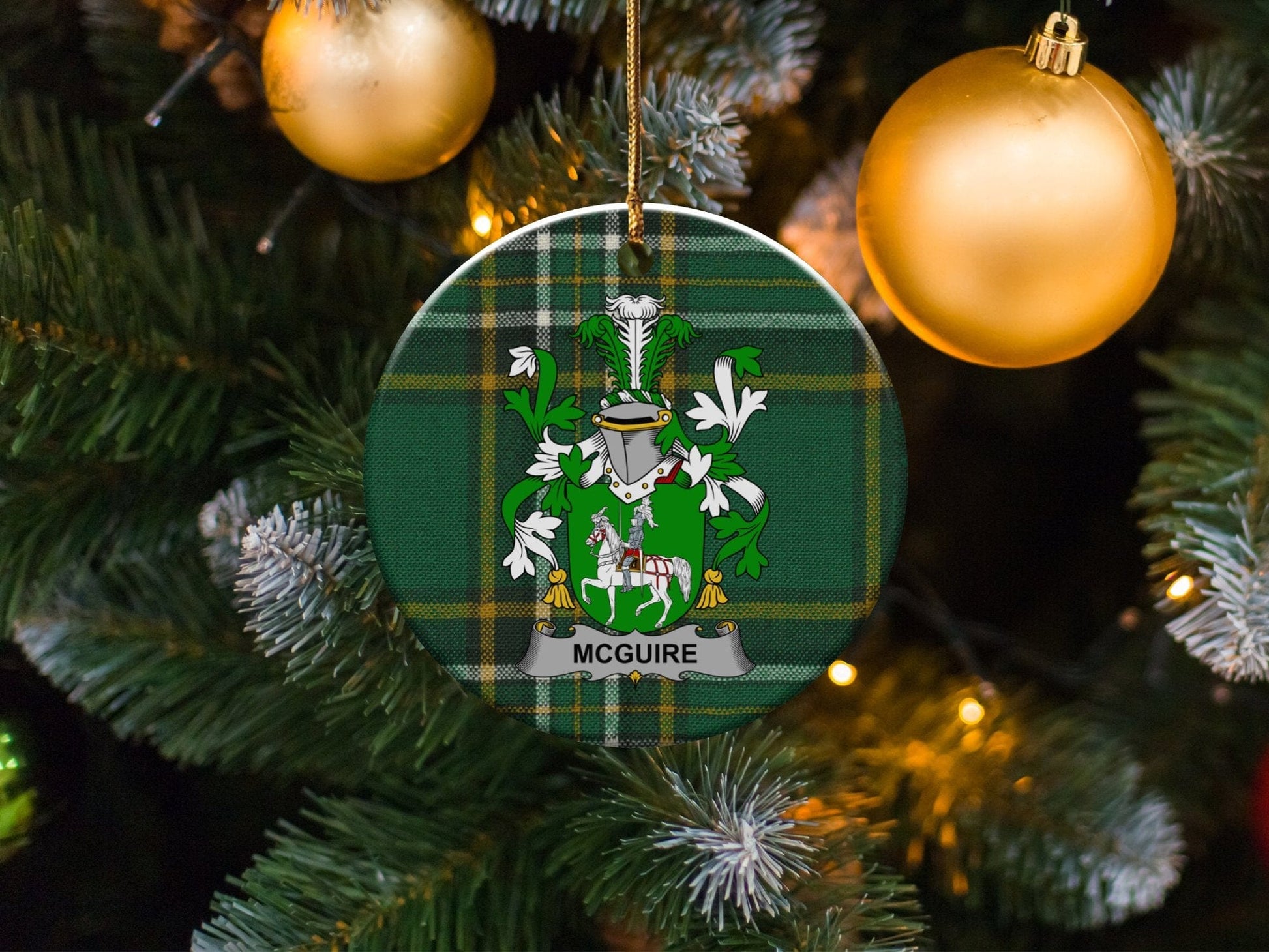 Physical Item White / 3" McGuire Irish Surname Christmas Coat of Arms Ornaments