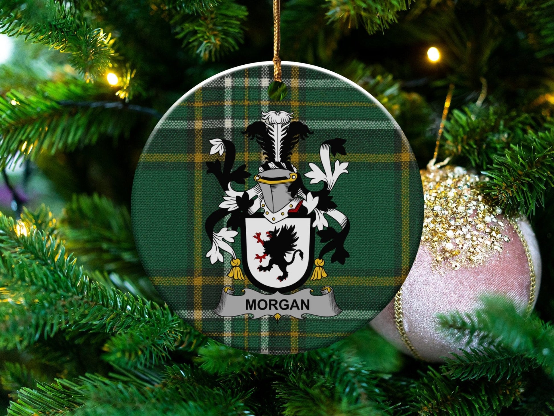 Physical Item White / 3" Morgan Christmas Irish Surname Coat of Arms Ornaments