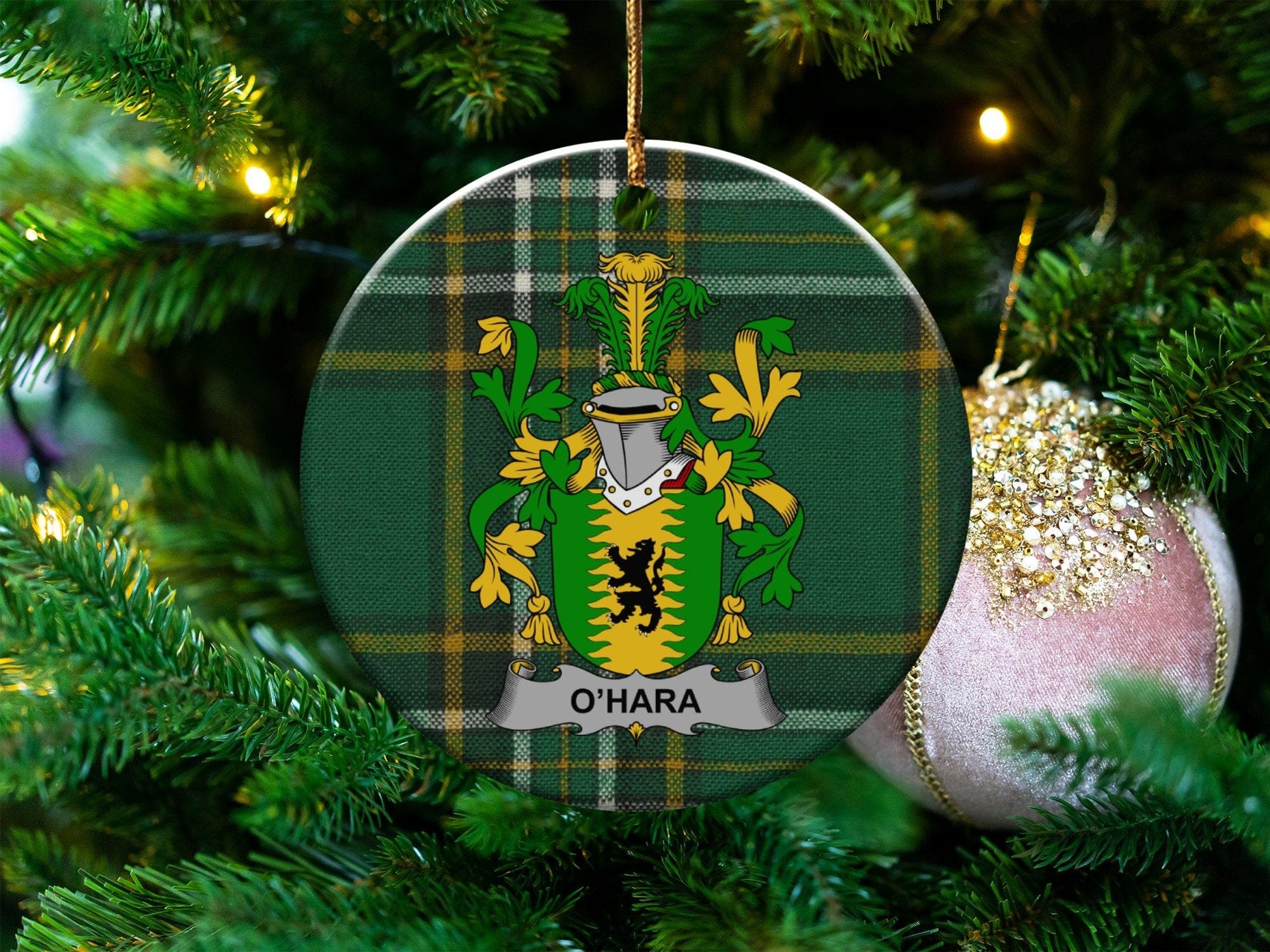 Physical Item White / 3" O'Hara Irish Surname Coat of Arms, Ceramic Christmas Ornament, One Side Print