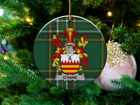 Physical Item White / 3" O'HARE Coat of Arms Ceramic Ornament, Irish Surname Christmas Decoration, One Side Print