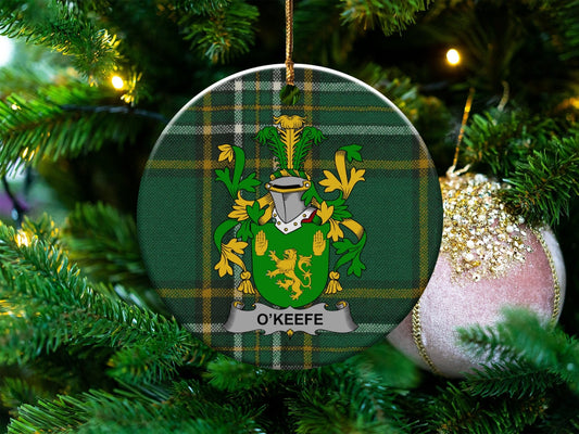 Physical Item White / 3" O'Keefe Coat of Arms Ceramic Christmas Ornament, Irish Surname Family Crest Decor