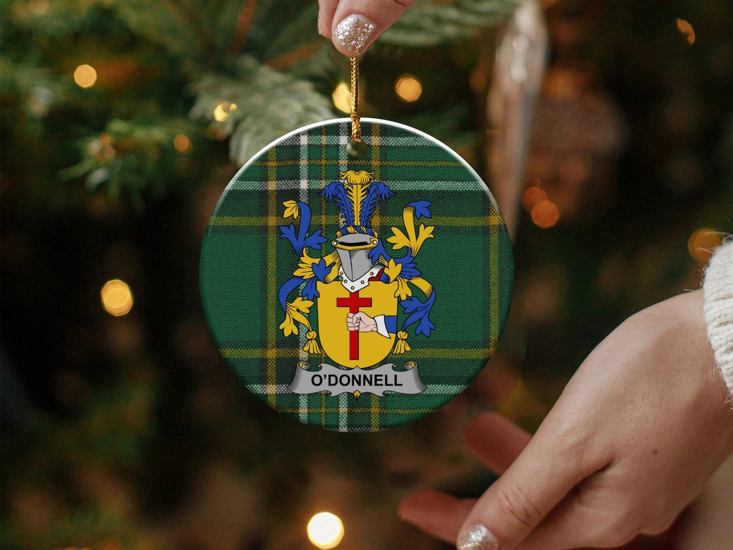 Physical Item White / 3" ODonnell Irish Surname Coat of Arms Ceramic Christmas Ornament, Tartan Background