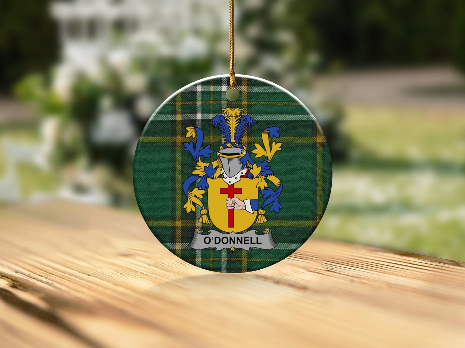 Physical Item White / 3" ODonnell Irish Surname Coat of Arms Ceramic Christmas Ornament, Tartan Background