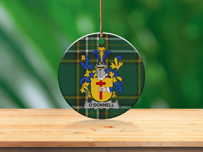 Physical Item White / 3" ODonnell Irish Surname Coat of Arms Ceramic Christmas Ornament, Tartan Background