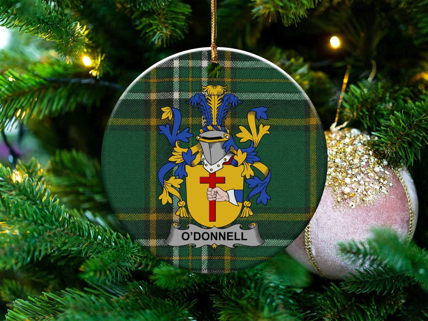 Physical Item White / 3" ODonnell Irish Surname Coat of Arms Ceramic Christmas Ornament, Tartan Background