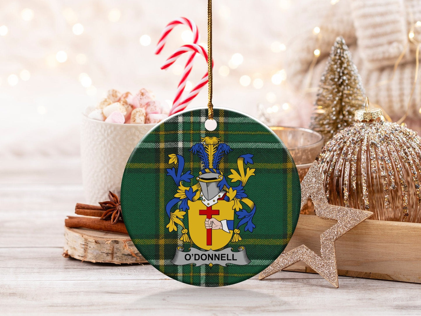 Physical Item White / 3" ODonnell Irish Surname Coat of Arms Ceramic Christmas Ornament, Tartan Background